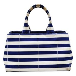 Prada Striped Blue & White Printed Canvas Large Canapa Tote Bag Auth